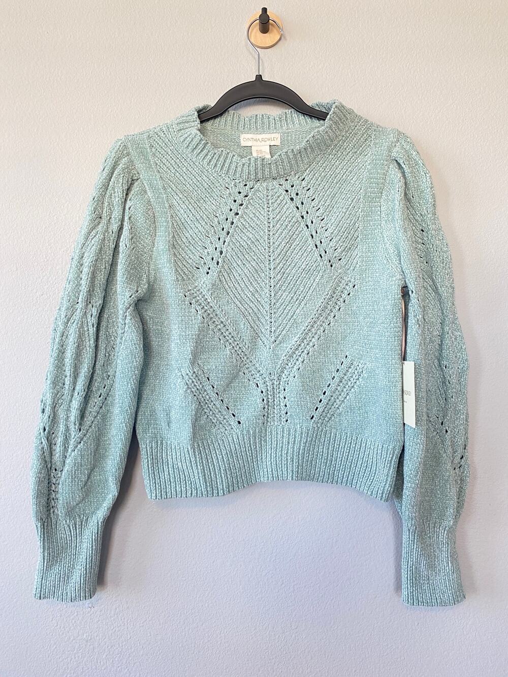 Cynthia Rowley NWT XS Mint Chenille Pointelle Puff Sleeve Cropped Sweater Boho